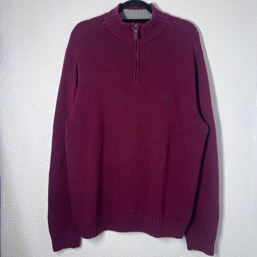 Chaps Mens L Burgundy Wine Quarter Zip Knit Pullover Sweater Mock Neck Logo